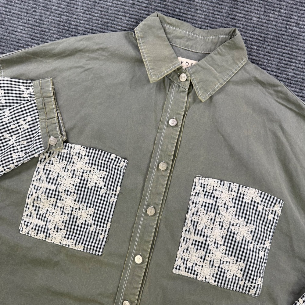 POL Clothing Olive Green Gingham Lace Patchwork Button Down Shirt Womens Large